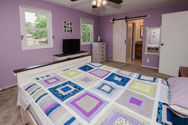 carpeted bedroom with a barn door, ensuite bathroom, multiple windows, and ceiling fan