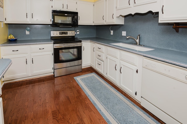 kitchen with white cabinets, stainless steel electric stove, dark wood-type flooring, sink, and dishwasher