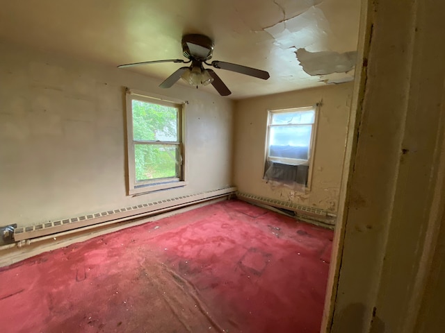 unfurnished room with cooling unit, a healthy amount of sunlight, ceiling fan, and a baseboard radiator