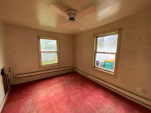 spare room with ceiling fan and a baseboard heating unit