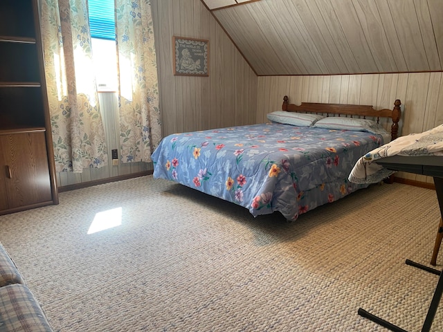 bedroom featuring carpet floors, vaulted ceiling, wooden ceiling, and wood walls