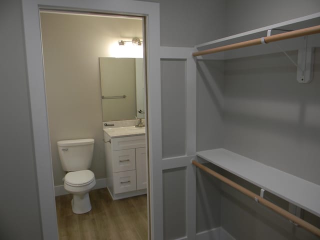 bathroom featuring hardwood / wood-style floors, vanity, and toilet