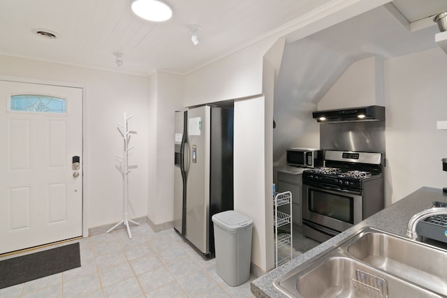 kitchen featuring ornamental molding, stainless steel appliances, wall chimney range hood, sink, and light tile patterned flooring