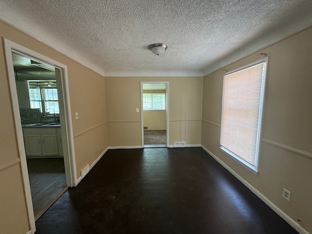 unfurnished room with a textured ceiling, a healthy amount of sunlight, dark hardwood / wood-style flooring, and sink