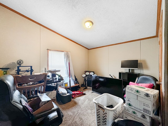 carpeted home office featuring a textured ceiling, lofted ceiling, and ornamental molding