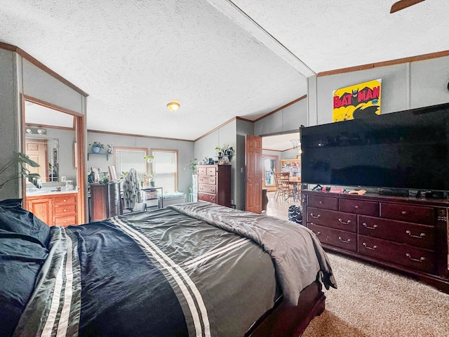 bedroom with carpet flooring, a textured ceiling, crown molding, and lofted ceiling