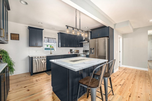 kitchen featuring backsplash, a kitchen island, light wood-type flooring, and stainless steel appliances