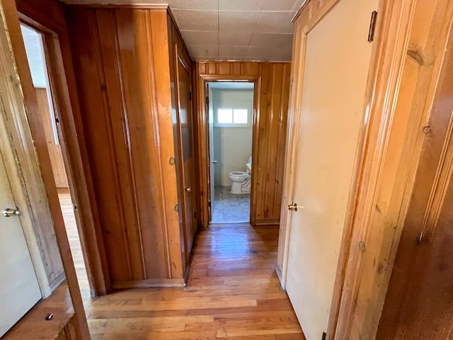 corridor featuring wooden walls and light hardwood / wood-style flooring