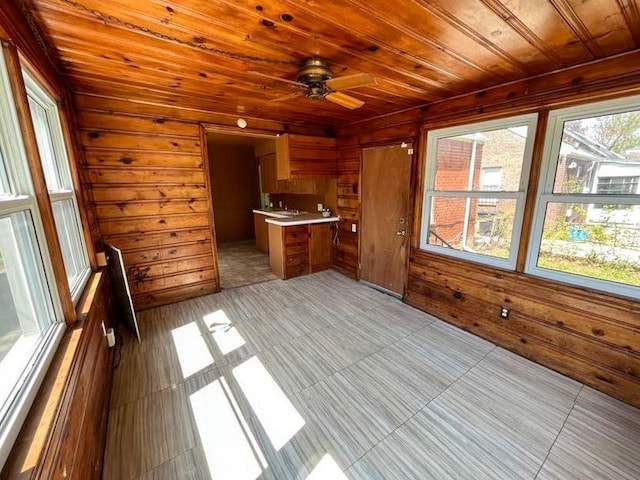 interior space featuring ceiling fan, wooden ceiling, and wooden walls