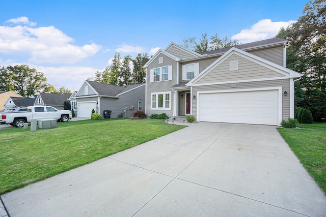 view of front facade with a front yard and a garage