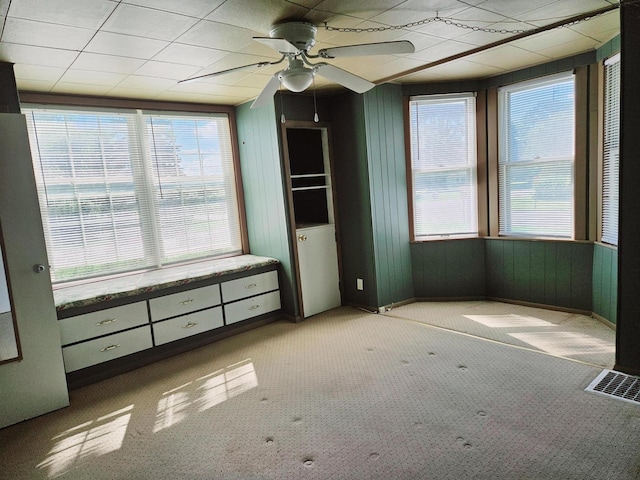6513 Kruger Rd, Three Oaks, MI 49128 - unfurnished bedroom featuring carpet floors, ceiling fan, wooden walls, and baseboards