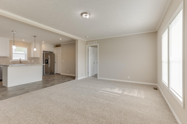 unfurnished living room with a textured ceiling, sink, dark hardwood / wood-style flooring, and crown molding