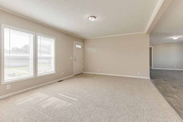 carpeted spare room with crown molding and a textured ceiling