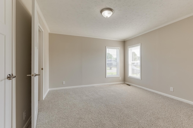 carpeted spare room with a textured ceiling and ornamental molding