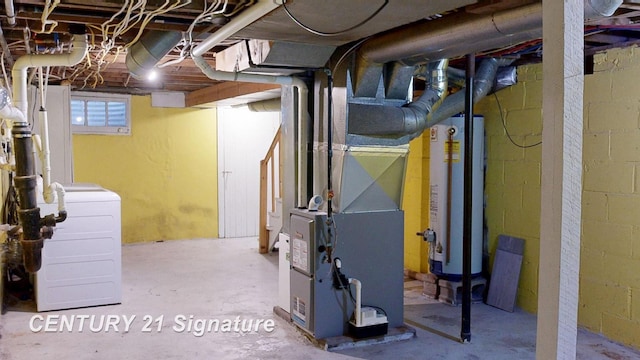 interior space featuring washer / clothes dryer, gas water heater, and heating unit