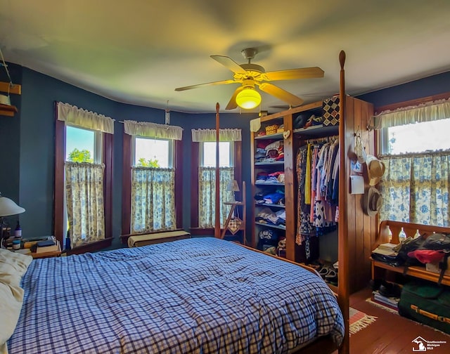 bedroom with wood-type flooring, a closet, multiple windows, and ceiling fan