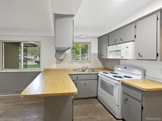 53044 Ruann Dr, Shelby Twp, MI 48316 - kitchen featuring white appliances, gray cabinetry, a peninsula, and wood counters