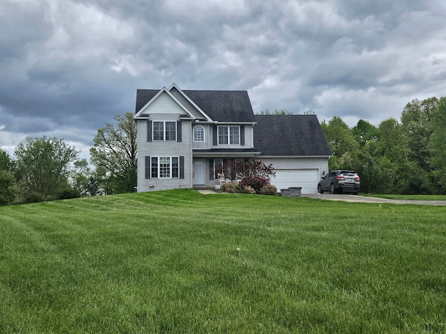 traditional-style home featuring an attached garage, concrete driveway, and a front yard