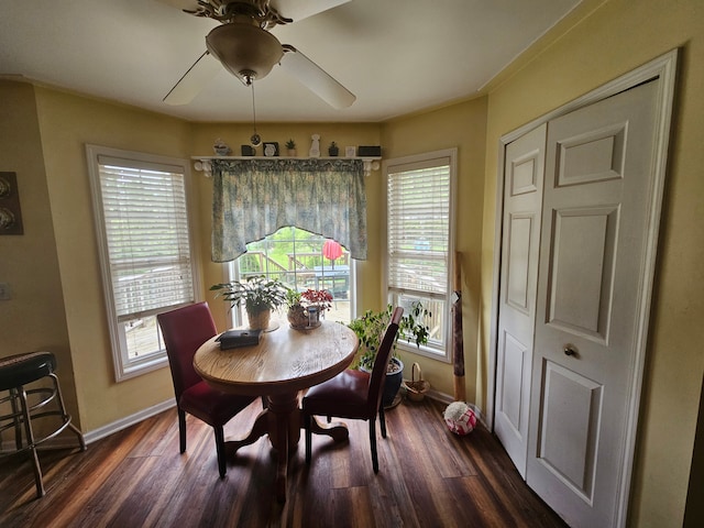 dining area with dark hardwood / wood-style floors, plenty of natural light, and ceiling fan