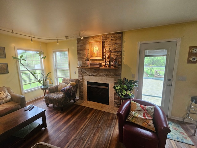 living room with a healthy amount of sunlight, dark hardwood / wood-style flooring, a fireplace, and track lighting