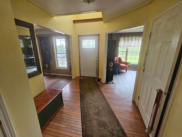 foyer entrance with hardwood / wood-style flooring, plenty of natural light, and crown molding