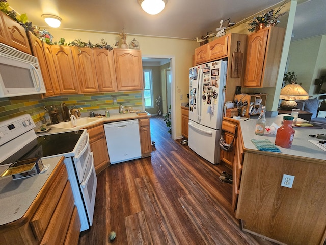 kitchen featuring dark hardwood / wood-style flooring, backsplash, white appliances, crown molding, and sink