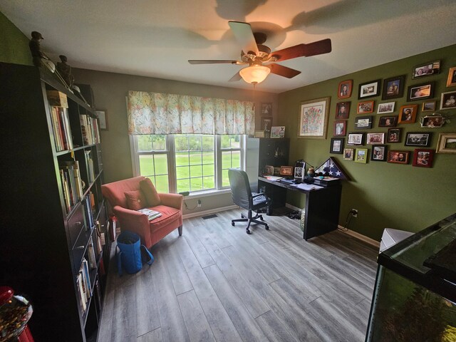 office featuring ceiling fan and light wood-type flooring