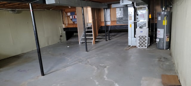 basement with heating unit and gas water heater