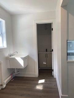 bathroom with radiator heating unit, sink, and hardwood / wood-style flooring