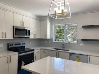 kitchen with white cabinetry, sink, pendant lighting, decorative backsplash, and appliances with stainless steel finishes