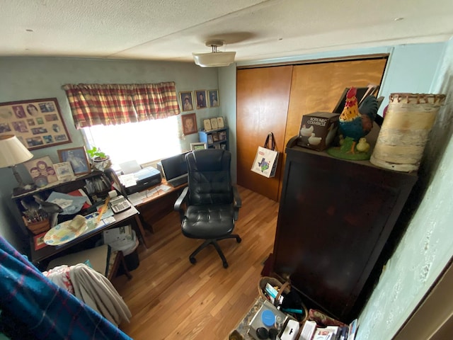 office space featuring a textured ceiling and hardwood / wood-style flooring