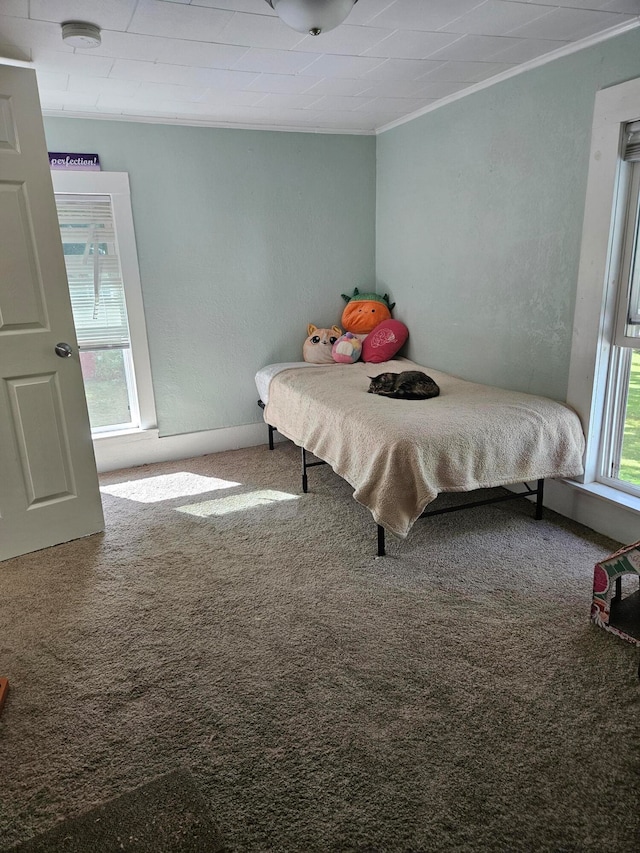 carpeted bedroom featuring ornamental molding