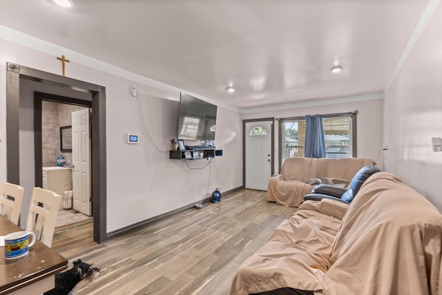 living room with light hardwood / wood-style floors and ornamental molding