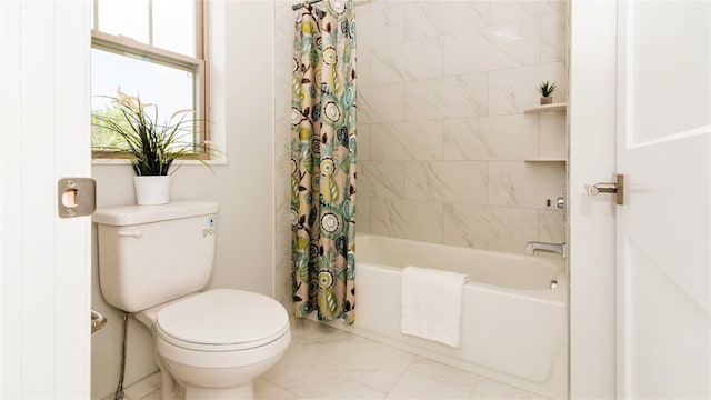 1361 W Canfield St, Detroit, MI 48208 - bathroom with marble look tile flooring, toilet, and shower / tub combo with curtain