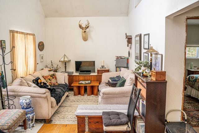 living room featuring vaulted ceiling and light wood-type flooring