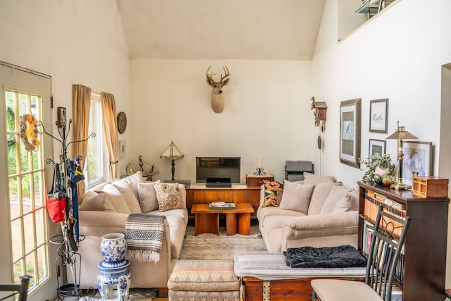 living room featuring a wealth of natural light and high vaulted ceiling