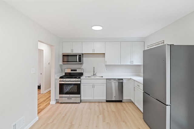 kitchen with white cabinets, sink, stainless steel appliances, and light hardwood / wood-style flooring