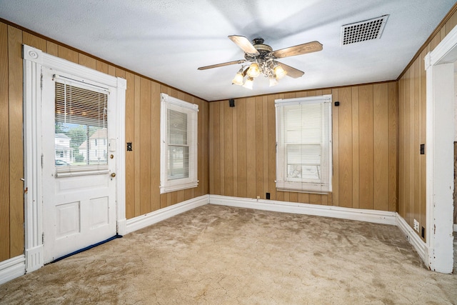 interior space featuring plenty of natural light, wooden walls, and ceiling fan