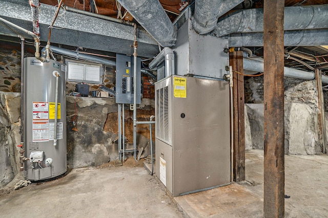 utility room with gas water heater and electric panel