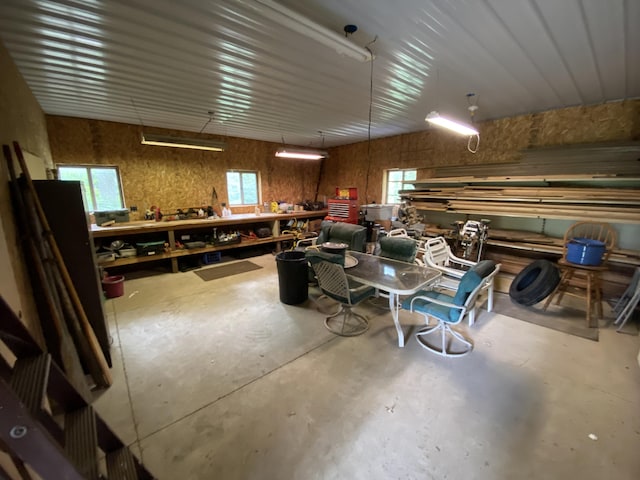 garage with a workshop area