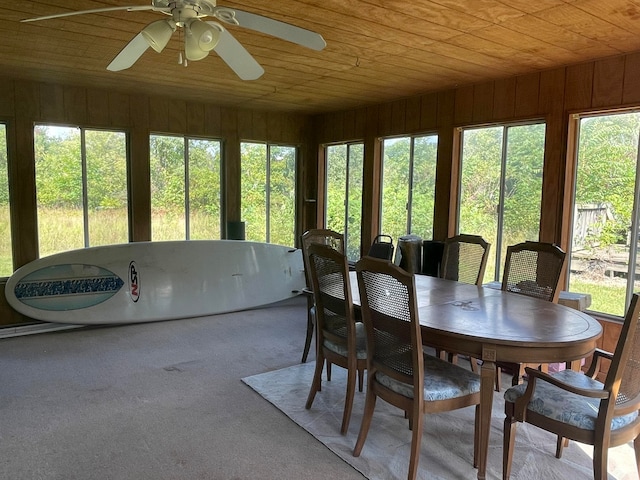 sunroom / solarium featuring wooden ceiling, ceiling fan, and a healthy amount of sunlight