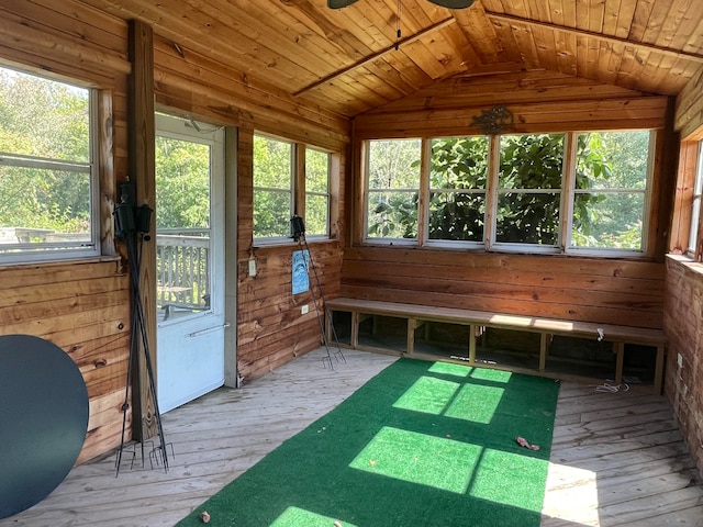 unfurnished sunroom featuring wooden ceiling and vaulted ceiling