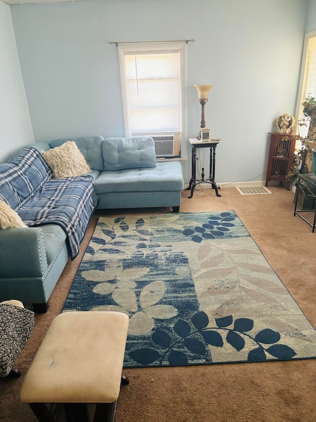 living room with carpet flooring and cooling unit