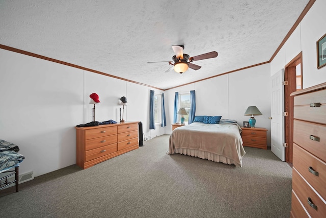 carpeted bedroom with ceiling fan, a textured ceiling, and ornamental molding