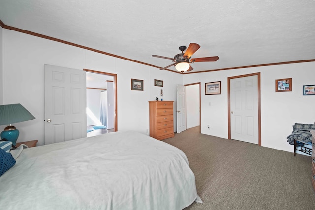 bedroom featuring ceiling fan, ornamental molding, a textured ceiling, and dark colored carpet