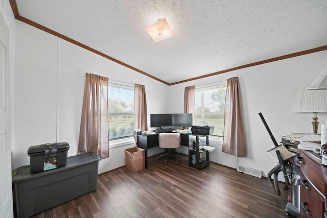 office featuring dark hardwood / wood-style floors, a healthy amount of sunlight, and a textured ceiling