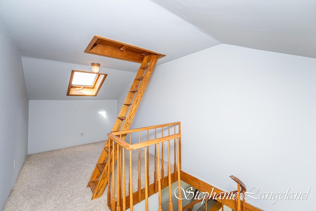 additional living space with vaulted ceiling with skylight and carpet flooring