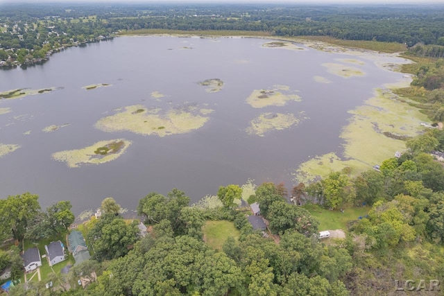 birds eye view of property featuring a water view