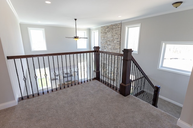 hallway featuring carpet flooring and crown molding