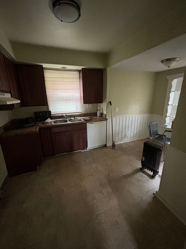 kitchen featuring dark brown cabinetry, white dishwasher, and sink